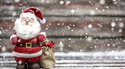 Santa Claus Toy with Bag of Gifts on Wooden Background with Snow - a festive and charming visual. The santa claus toy on the wooden background with snow and a bag of gifts creates an enchanting and de