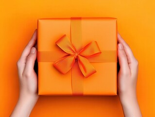 Hands securely tying a bow around an orange gift box on a vibrant background celebrating the art of present wrapping