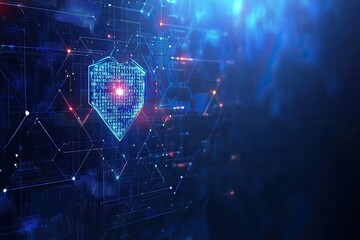 Fototapete - A vibrant digital shield symbolizing cybersecurity and protection against digital threats in a futuristic environment.