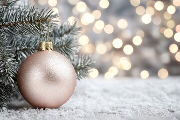 Christmas ornament on a snow-covered surface with blurred festive lights.