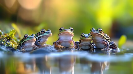 Wall Mural - Five Frogs Resting in a Pond