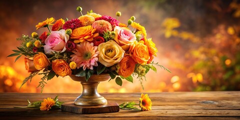 Floral centerpiece composed of a mix of fresh flowers in shades of orange, pink, and yellow, arranged on a wooden table or pedestal with a soft, warm glow, flower arrangement, 