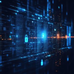 Fototapete - Futuristic digital background with a focus on security and technology, featuring glowing locks and data streams.