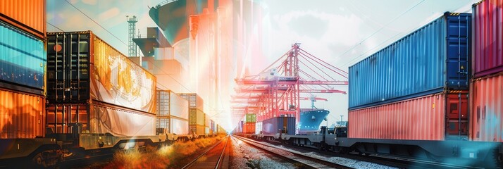 Aufkleber - Containers are actively being transferred from trucks to trains at a major transport terminal, reflecting modern logistics systems at work. Generative AI