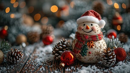 Santa Claus Toy with Bag of Gifts on Wooden Background with Snow - a festive and charming visual. The santa claus toy on the wooden background with snow and a bag of gifts creates an enchanting and de