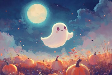 Sticker - a painting of a ghost floating over a field of pumpkins