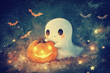 Poster - a ghost and a pumpkin sitting in a field of stars