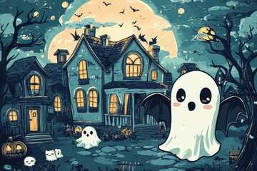 Sticker - a halloween scene with a ghost and a house