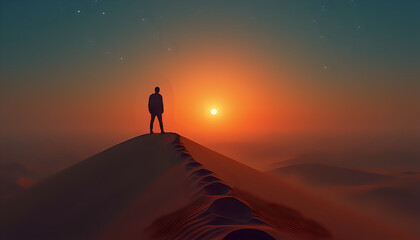  Person standing on a desert dune at sunset