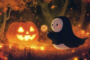 Poster - a cartoon penguin holding a lollipop next to a jack - o - lantern