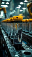 Poster - automated water filter assembly line in a modern smart manufacturing facility featuring robotic arms
