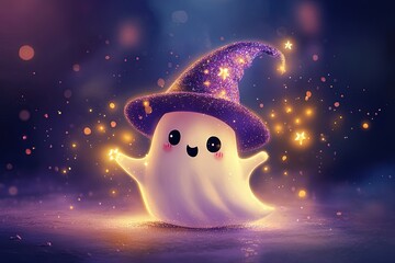 Sticker - a white ghost with a purple hat and stars