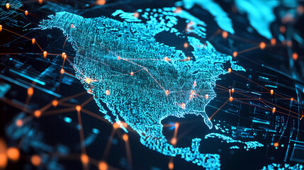 Digital map of USA, concept of North America global network and connectivity, data transfer and cyber technology, information exchange and telecommunication Generative AI