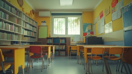 Wall Mural - Empty Classroom with Yellow Walls and Bookshelves