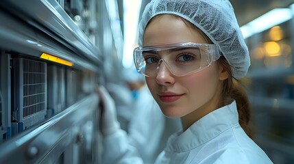 Poster - engineer monitoring iot enabled air conditioner production in high tech smart factory with clean wor