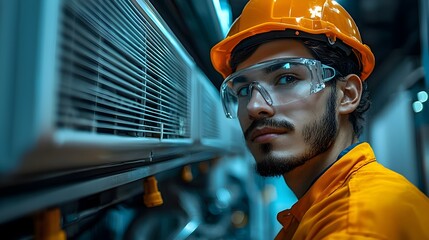 Poster - engineer monitoring the production of iot enabled air conditioners in a modern high tech smart facto