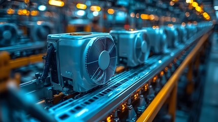 Poster - closeup view of air conditioning units being assembled on a smart automated production line with rob