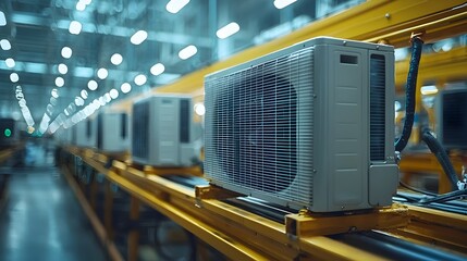 Poster - close up view of air conditioner units being assembled on a highly automated and smart production li