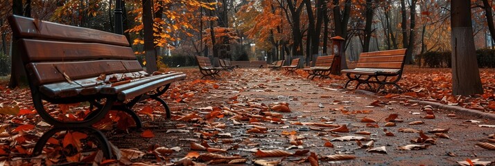 Pathways in an urban park are blanketed with vibrant fallen leaves, while benches offer a peaceful spot for relaxation and enjoyment of the outdoors. Generative AI