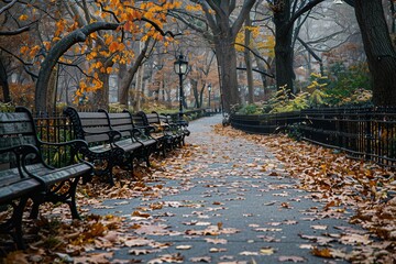 Poster - The park's pathways are lined with fallen leaves, inviting visitors to enjoy the tranquil atmosphere and rest on nearby benches. Generative AI