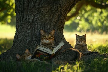 Canvas Print - two cats sitting under a tree reading a book