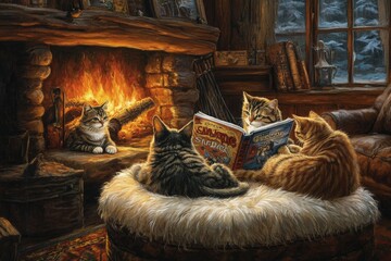 Poster - a painting of cats reading a book in front of a fireplace