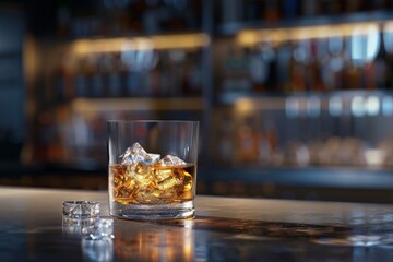 Whiskey Glass with Ice Cubes in a Bar Setting