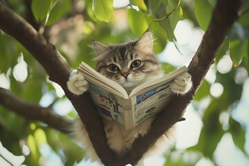 Sticker - a cat sitting in a tree reading a book