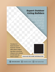 Poster - expert outdoor living builders flyer design template in vertical layout. flat brown and blue colors. commercial and residential brochure. vector illustration for photo space in diagonal shape.