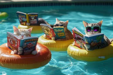 Poster - a group of cats sitting on inflatable books in a pool