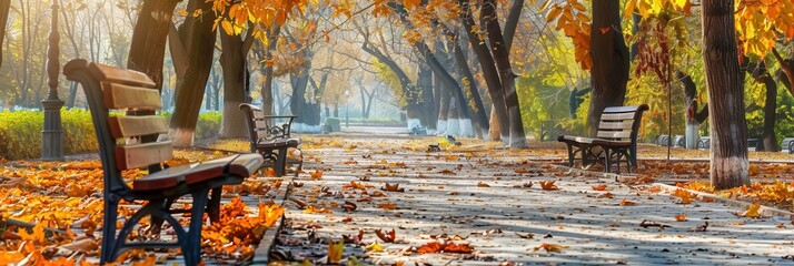 Aufkleber - Visitors can stroll through the urban park, enjoying pathways lined with vibrant autumn leaves and inviting benches under the sun. Generative AI