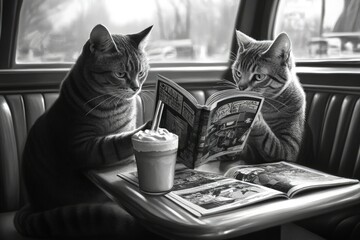 Wall Mural - two cats sitting at a table reading a book