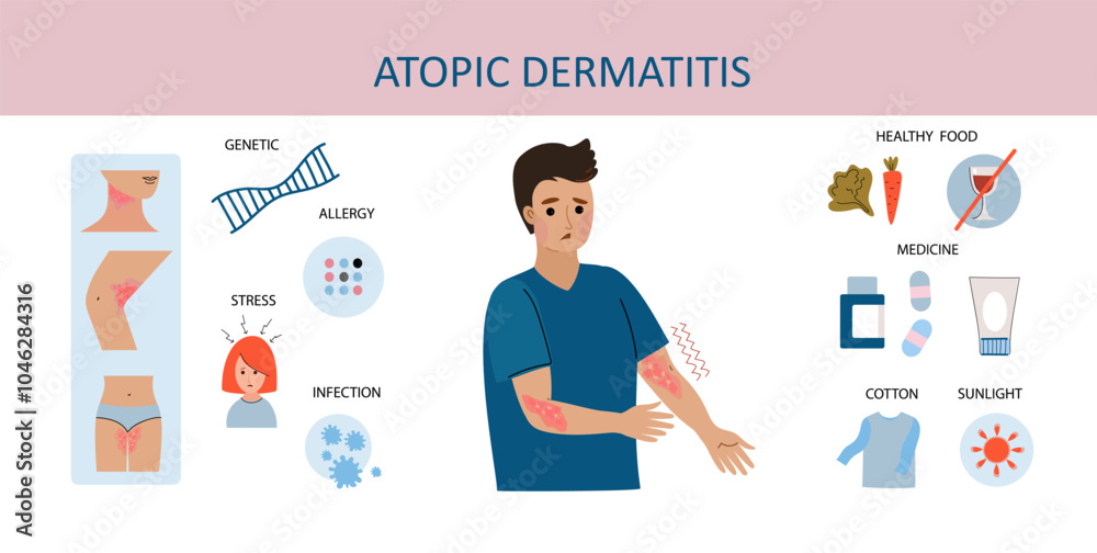 caucasian man suffers from atopic dermatitis. Neurodermatitis symptoms ...