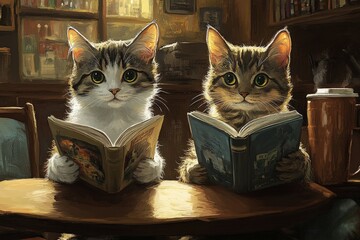 Canvas Print - two cats sitting at a table reading a book