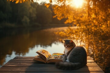 Poster - a cat sitting on a dock reading a book