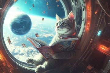 Wall Mural - a cat sitting in a space station reading a book