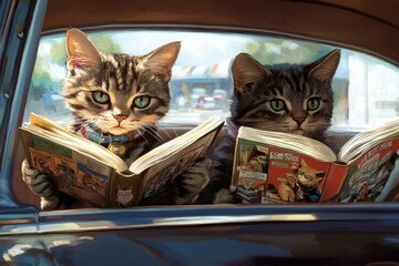 Canvas Print - two cats sitting in the back of a car reading books