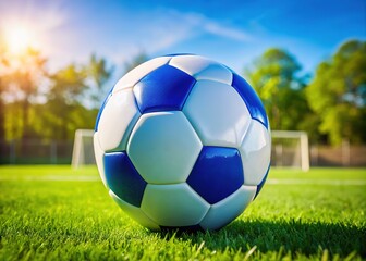 The bright blue and white soccer ball lies atop a fresh green grass field, eagerly anticipating play in a lively outdoor sports environment, brimming with energy.