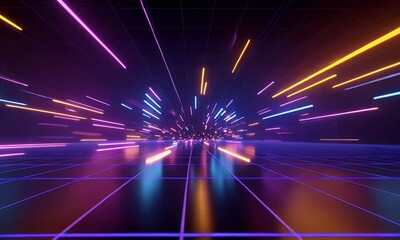 Poster - 3d render, abstract background with neon laser light rays on a dark, empty black space for a design 