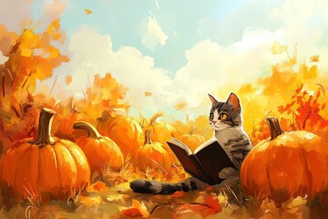 Poster - a cat sitting in a field of pumpkins reading a book