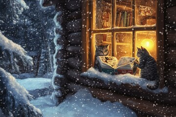 Canvas Print - a painting of two cats reading a book in the snow