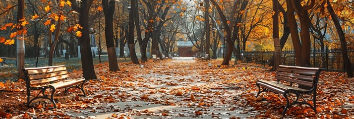 Aufkleber - Pathways in an urban park showcase vibrant autumn leaves, while benches beckon visitors to relax amidst nature’s beauty. Generative AI