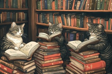 Canvas Print - two cats sitting on top of a pile of books