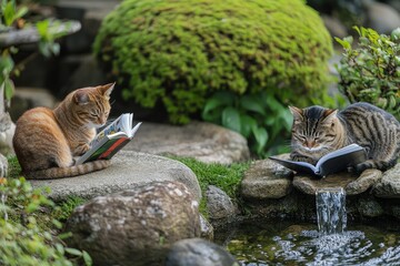 Wall Mural - two cats sitting on rocks reading a book