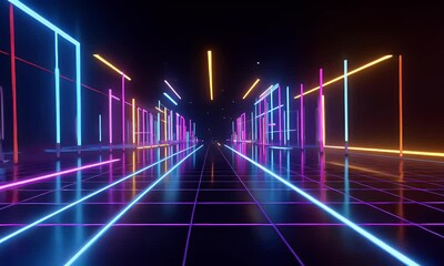 Poster - 3d render, abstract background with neon laser light rays on a dark, empty black space for a design 