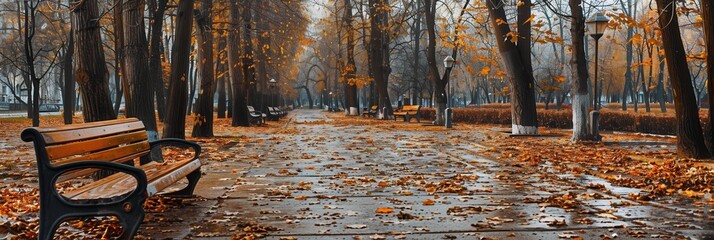 Aufkleber - The tranquil park features pathways blanketed in fallen leaves, with empty benches offering a serene spot for relaxation and reflection. Generative AI