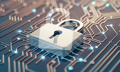 Poster - 3D rendering of a white padlock icon on a circuit board background with copy space for concepts related to security technology and data protection.