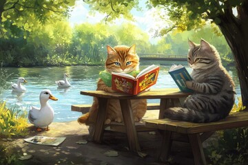 Canvas Print - a cat sitting on a bench reading a book next to a duck