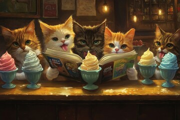 Wall Mural - a painting of a group of cats reading a book