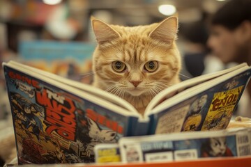 Sticker - a cat sitting on top of a table reading a book